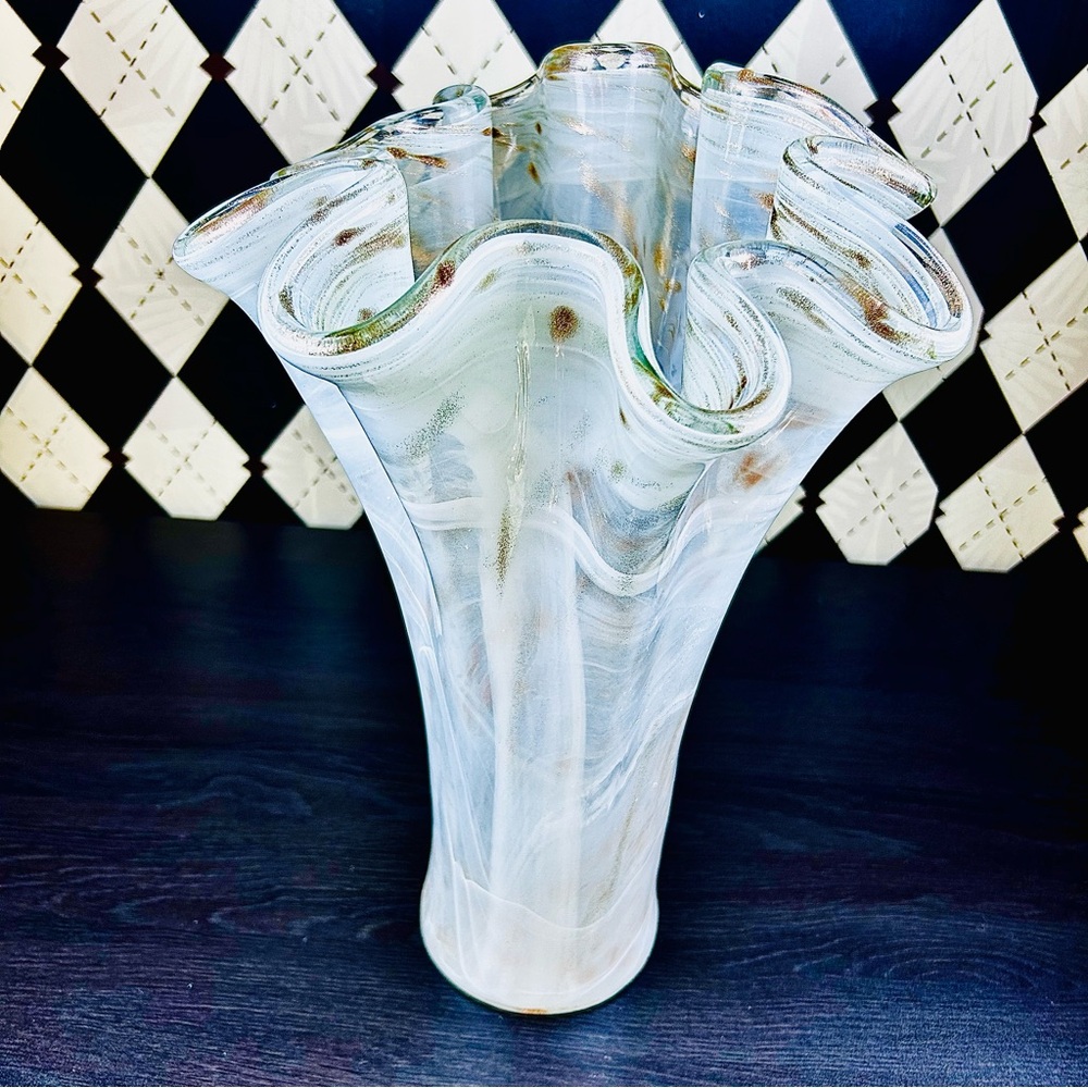 Murano Style Aventurine Opaline Glass Vase Large Scale 15” Ruffled‎ Sculptural